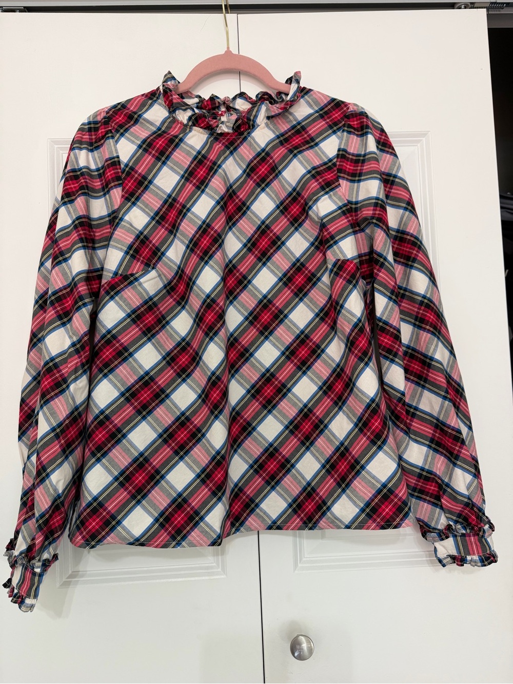 J. Crew Pink Plaid Ruffle-Neck Long Sleeve Blouse